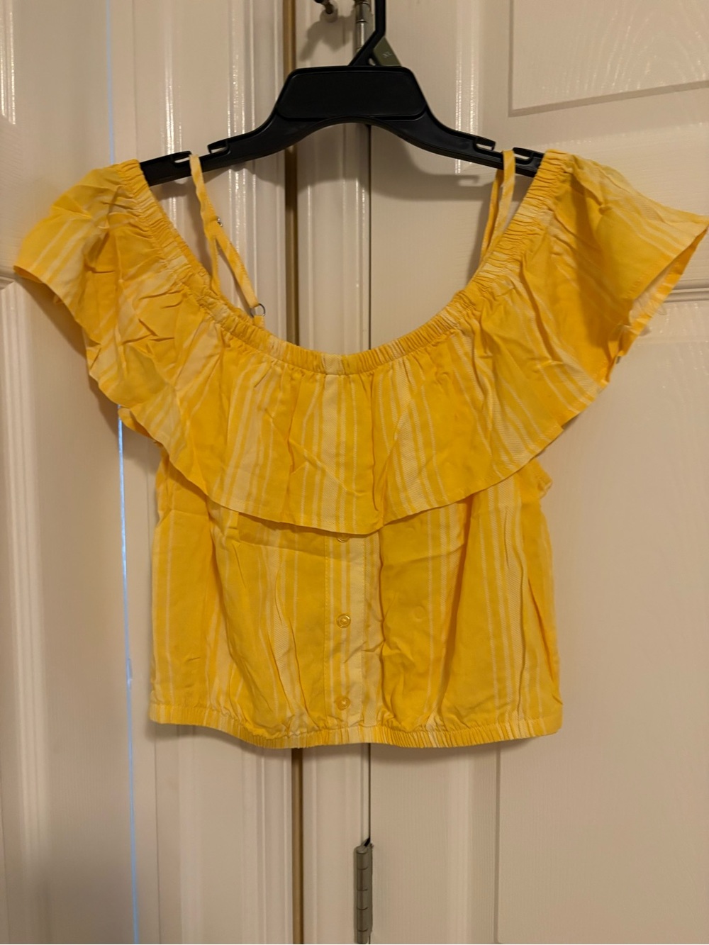 No Boundaries Yellow Striped Off-Shoulder Ruffle Crop Top